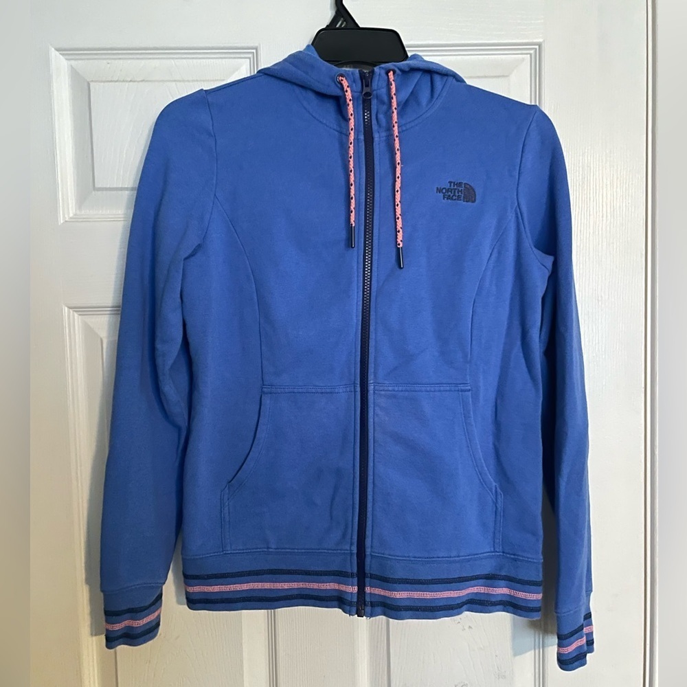The North Face Womens size Medium Blue Zip Up Hoodie Jacket with Pink Accents - Picture 1 of 7
